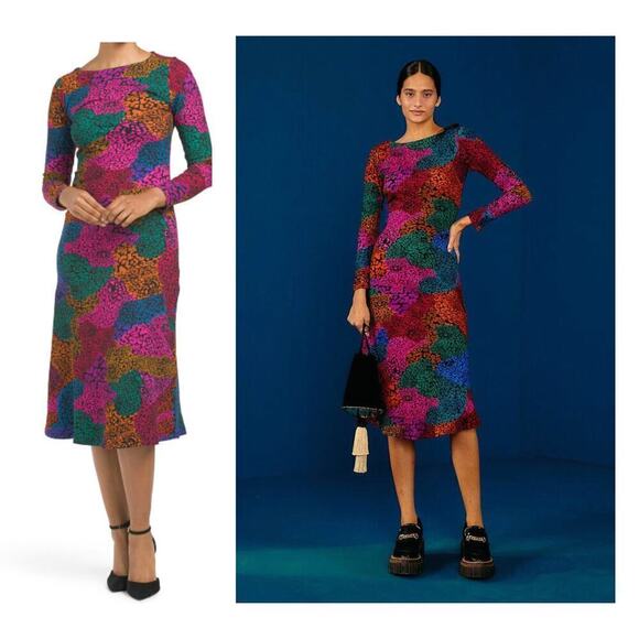 FARM Rio Rainbow Mix Jersey Dress Ribbed Knit Long Sleeve Midi Multi NWT Large - Picture 1 of 14
